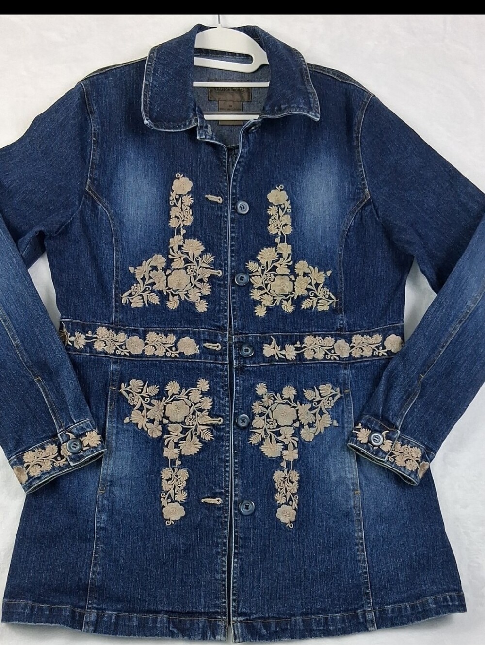 VTG Brandon Thomas Dark Blue Denim Jacket with Cream Floral Embroidery